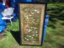 Pair of Vintage Japanese Silk Crewel Embroidery Pictures, Landscape Scenes, Framed Under Glass — listing 6