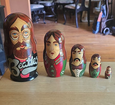 Beatles Hand-Painted Russian Matryoshka Nesting Doll Set of 5 (Lennon, McCartney, Harrison, Starr, Guitar)