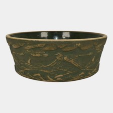 Vintage Brushware Pottery Bowl with Molded Fruit & Foliage Relief, Green Glazed Interior, 3x6 — listing 6