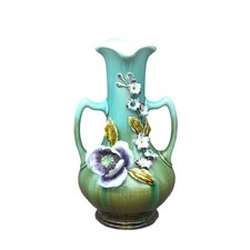 Antique French Barbotine Majolica Twin-Handled Vase with Applied Roses and Lilacs — listing 4