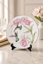 Fitz and Floyd "Hummingbird" Fine Porcelain Dinner Plate, Black with Pink Hibiscus & Gold Trim — listing 3