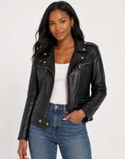 Women's Black Leather Moto/Biker Jacket with Quilted Shoulder Detail — listing 4