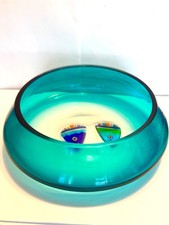 Hand-Blown Art Glass Bowl with White Cased Rim and Blue Swirl Interior