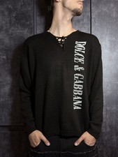 Dolce & Gabbana Black Pointelle Knit Henley Top with Blue Glitter Logo, Size 42 — listing 4