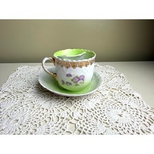 Antique Hand-Painted Green & Gilt Floral Porcelain Teacup and Saucer — listing 5