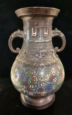 Antique Japanese Bronze Champlevé Enamel Vase with Wooden Stand