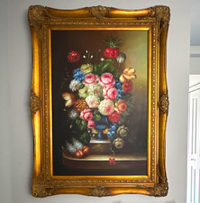 Framed Still Life Print of Roses, Grapes and Apples in Ornate Gold and Black Frame — listing 5