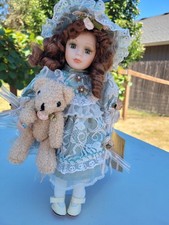 Vintage Porcelain Collector Doll with Red Braids in Green Calico Dress and Eyelet Pinafore — listing 2