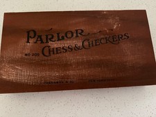 Vintage Wooden 'Parlor' Chess & Checkers Board Game Box, New York