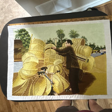 Vietnamese Hand-Embroidered Silk Art Panel, Water Buffalo in Rice Paddy, Framed