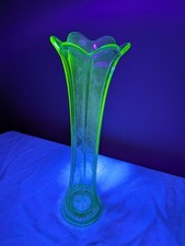 Vintage Green Uranium Glass Ruffled Crimped Bowl with Textured Floral Pattern — listing 3