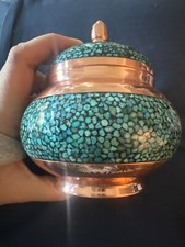 Persian FirOzeh Kubi Turquoise Inlaid Copper Footed Compote Bowl with Pierced Crown Rim — listing 5