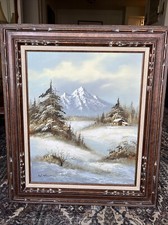 Original Oil Painting Winter Landscape with Cottages and Pond, Signed W. Newman — listing 5