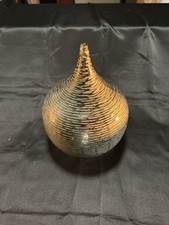 Art Glass Fluted Vase with Pink and Green Swirls, Satin/Frosted Finish, 10" Tall — listing 6