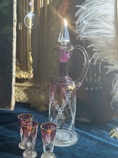Vintage Amethyst Glass Decanter Set with Gilt Floral Enamel, Decanter + 5 Cordial Glasses Decanter + 5 glasses