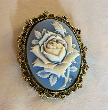 Antique Filigree Domed Carved Cameo Brooch with Turquoise and Jade Cabochons, listing 6