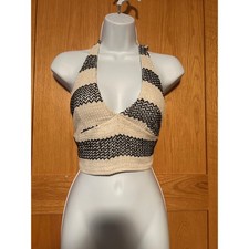 Open-Knit Crochet Long-Sleeve Cropped Sweater Top, Cream/Beige, Size Small — listing 5