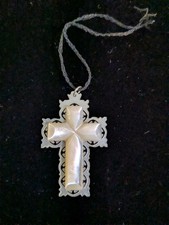 Antique Wood Wall Cross with Mother-of-Pearl Inlay and Gold Filigree Rosettes — listing 6