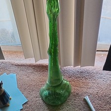 Tall Green Glass Floor Vase with Embossed Scroll Design, Elongated Bottle Neck Form, approx. 36-40 inches