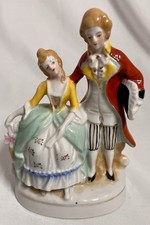 Colonial Courting Couple Porcelain Figurine, Lady with Harp and Gentleman on Bench, Blue and Gold Victorian Style — listing 2