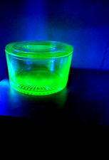 Green Uranium Depression Glass Creamer and Open Sugar Set, Georgian/Cameo-Style Pattern