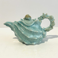 Figural Porcelain Conch Shell Teapot with Twin Dolphin Handle and Coral Motif