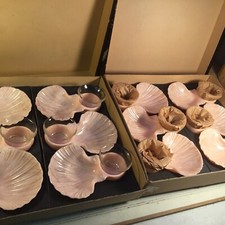 Vintage 1950s Cocktail Sea Servers Set — Pink Lustre Shell Dishes with Glass Cocktail Inserts, Original Boxes — listing 4