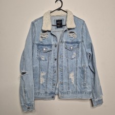 KSCY Melbourne Stonewashed Distressed Denim Trucker Jacket with Panther Embroidery, Size XL — listing 3