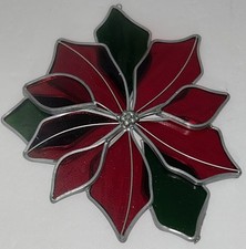 Vintage Stained Glass Style Poinsettia Round Trivet with Silver Metal Frame — listing 2