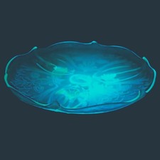 Green Depression Glass Footed Cake Plate with Sunburst and Floral Center Pattern — listing 5