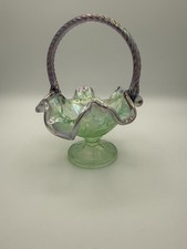 Green Opalescent Glass Ruffled Handled Basket / Bonbon Dish with Embossed Floral & Scroll Pattern — listing 4