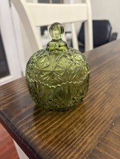 Green Uranium Depression Glass Covered Candy Dish with Pointed Finial, Princess Pattern, 9" Tall