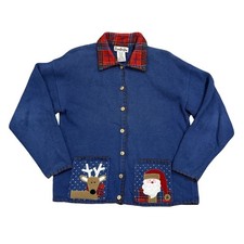 TimberLea Vintage Christmas Cardigan Sweater with Embroidered Ornaments, Snowman & Stockings, Size L — listing 6