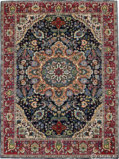 Hand-Knotted Persian-Style Wool Area Rug with Red Field and Navy Floral Border