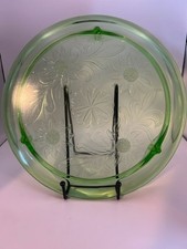 Green Depression Glass Footed Cake Plate with Sunburst and Floral Center Pattern — listing 2