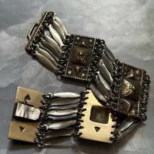 Vintage Mexican Aztec/Mayan Panel Link Bracelet, Two-Tone Silver and Copper, Maker Unknown — listing 2