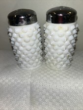 Vintage Milk Glass Hobnail Salt & Pepper Shakers Pair with Silver Tone Lids — listing 5