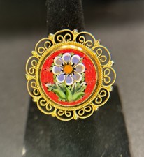 Antique Italian Micromosaic Floral Ring, Navette/Marquise Shape, Multicolored Glass Tesserae, Adjustable Band — listing 5