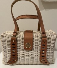 Vintage Woven Straw & Tan Leather Structured Top-Handle Handbag with Turn-Lock Closure — listing 5