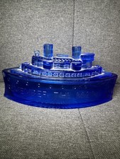 Cobalt Blue Pressed Glass "Remember the Maine" Battleship Covered Dish (Ship + Wave Base Lid) — listing 2