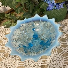 Green Opalescent Ruffled Footed Bowl with Leaf and Beads Pattern