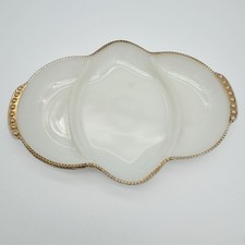 Vintage Anchor Hocking Fire King White Milk Glass 3-Section Divided Relish Dish with Gold Beaded Trim (Pair) — listing 2
