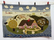 Handwoven Wool Pictorial Tapestry Rug with Village Scene, Palm Trees, Birds and Animals