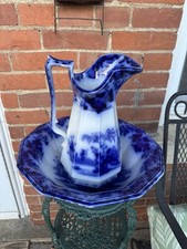 Antique Flow Blue and Gilt Porcelain Wash Pitcher and Basin Set