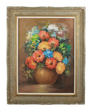 Vintage Floral Still Life Oil Painting, Yellow & Orange Roses in Vase, Gold Frame