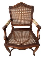 Pair of Vintage French Louis XV Style Fauteuil Armchairs with Cane Backs and Tufted Upholstery — listing 5