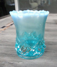 Blue Opalescent Beaded Drape Pattern Footed Toothpick Holder / Miniature Vase with Ring Stem — listing 6