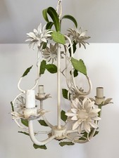 Italian Gilt Tole Toleware Chandelier with White Porcelain Roses, 3-Light