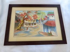 Vietnamese Hand-Embroidered Silk Art Panel, Water Buffalo in Rice Paddy, Framed — listing 3