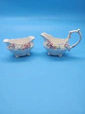 Vintage Porcelain Creamer and Sugar Bowl with Pink Rose Transfer Decoration and Gold Trim — listing 2